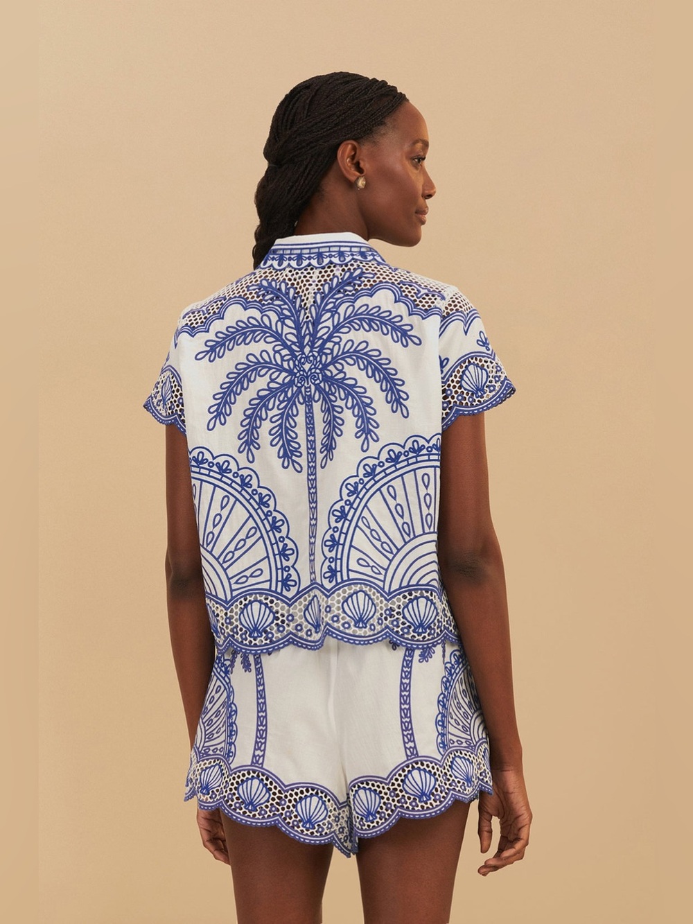 ๐ NWOT Farm Rio Size M Blue Palm Trees Richelieu Collared Shirt 100% Cotton Boho - Picture 5 of 16